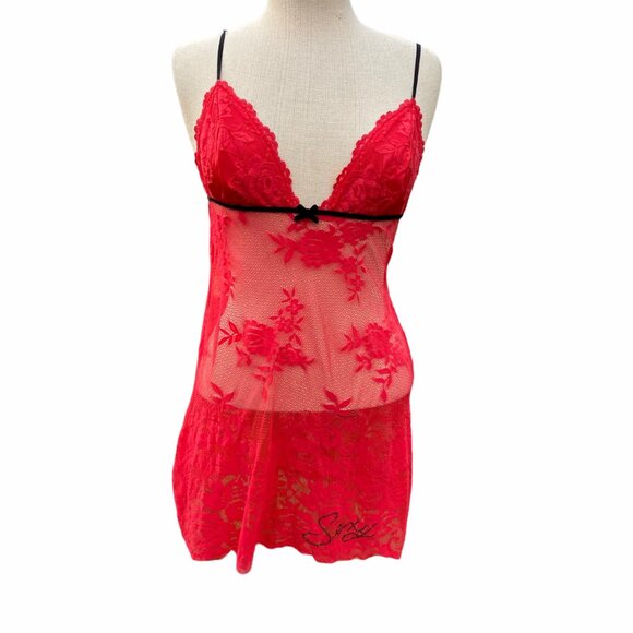 Victoria's Secret Very Sexy Red Lace Babydoll Lingerie L Strappy Romantic Floral - Picture 13 of 13